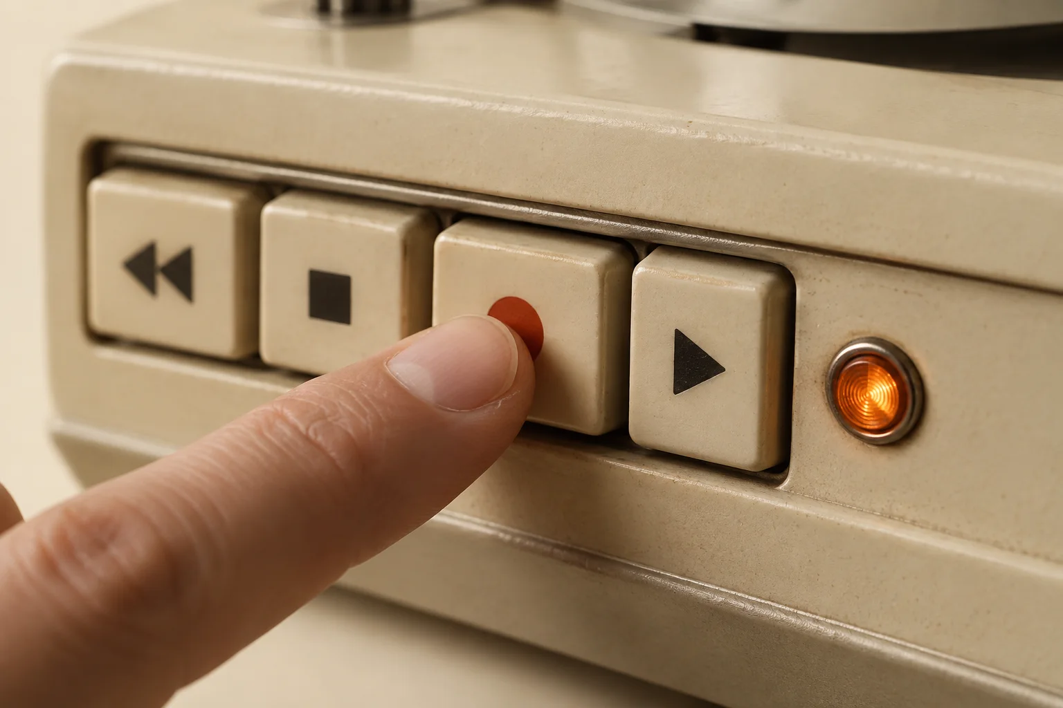 Ein Finger drückt die Aufnahmetaste an einem cremefarbenen Tapedeck.