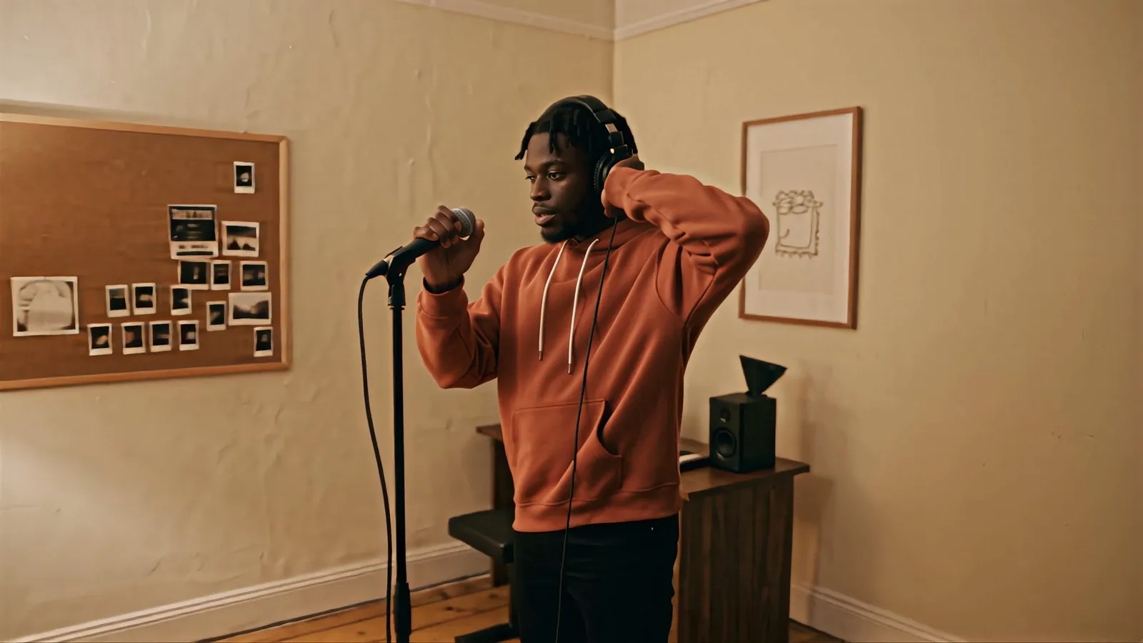 Ein Artist im rostfarbenen Hoodie singt in einem kleinen Schlafzimmer-Studio in ein Mikrofon.